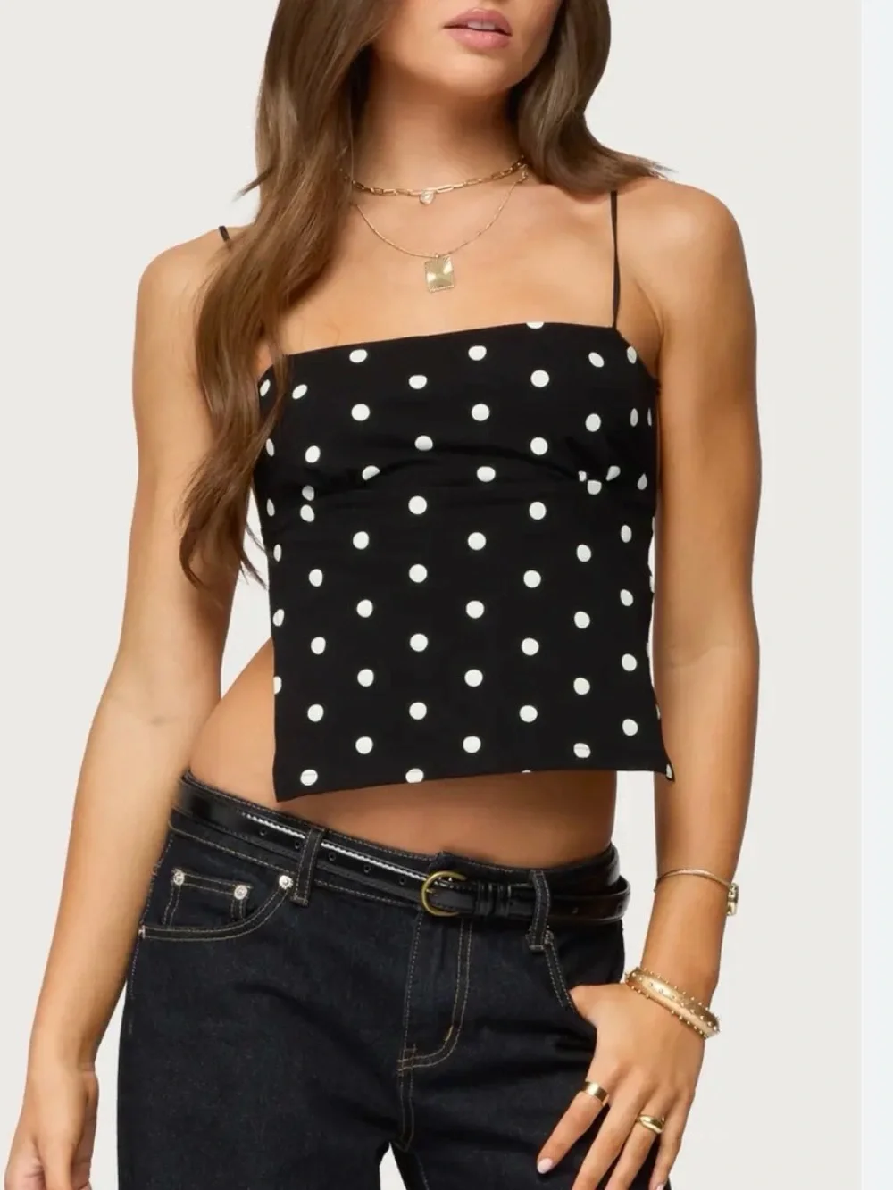 House of Harlow 1960 Black and White Polka Dot Spaghetti Strap Camisole - Picture 1 of 5